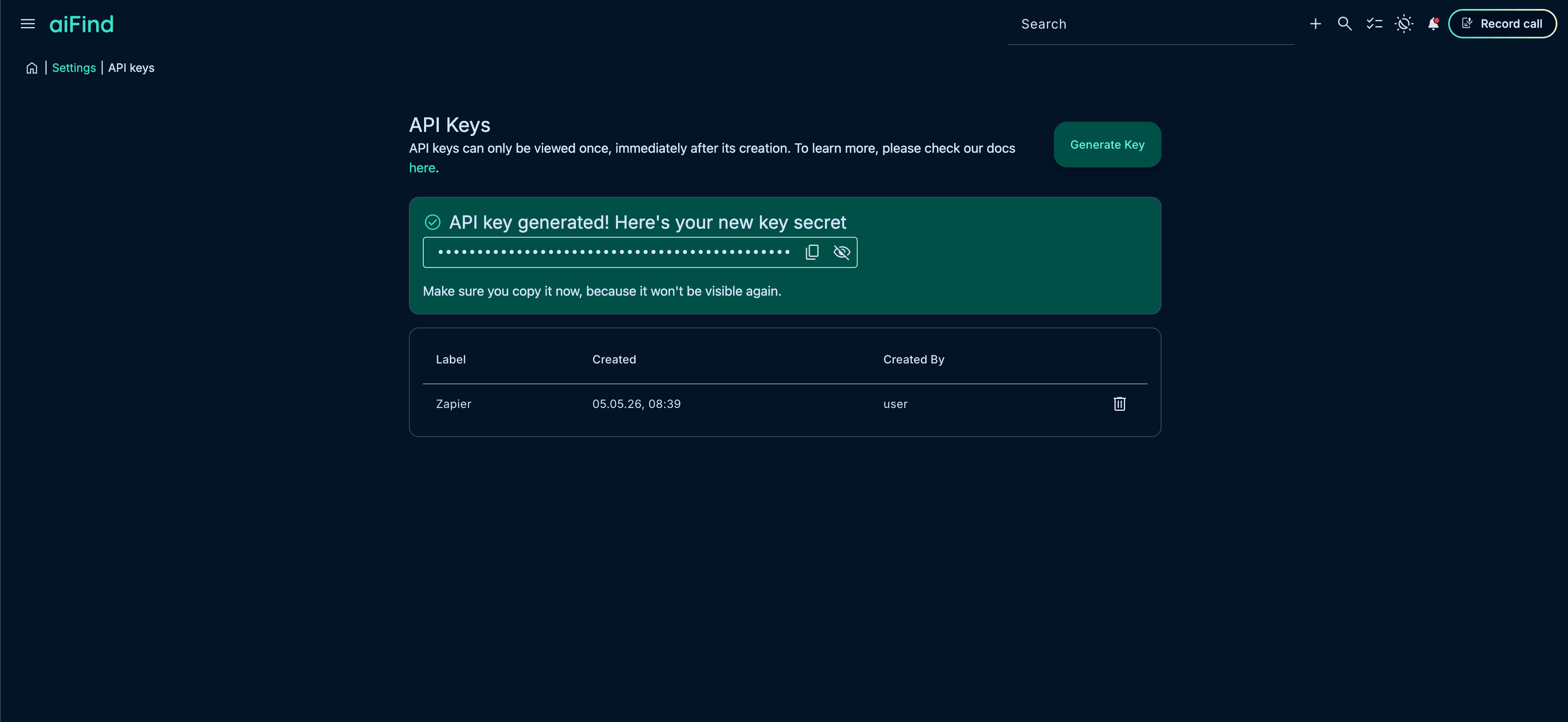 API Key Verwaltung in aiFind