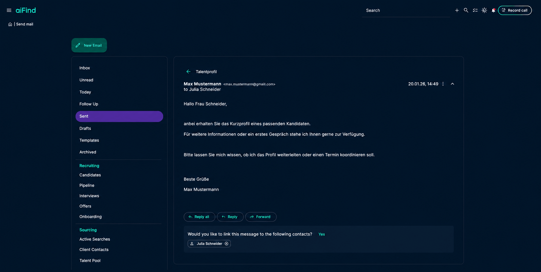 aiFind integrated inbox showing mail folders, a sent email thread, reply actions, and contact linking.