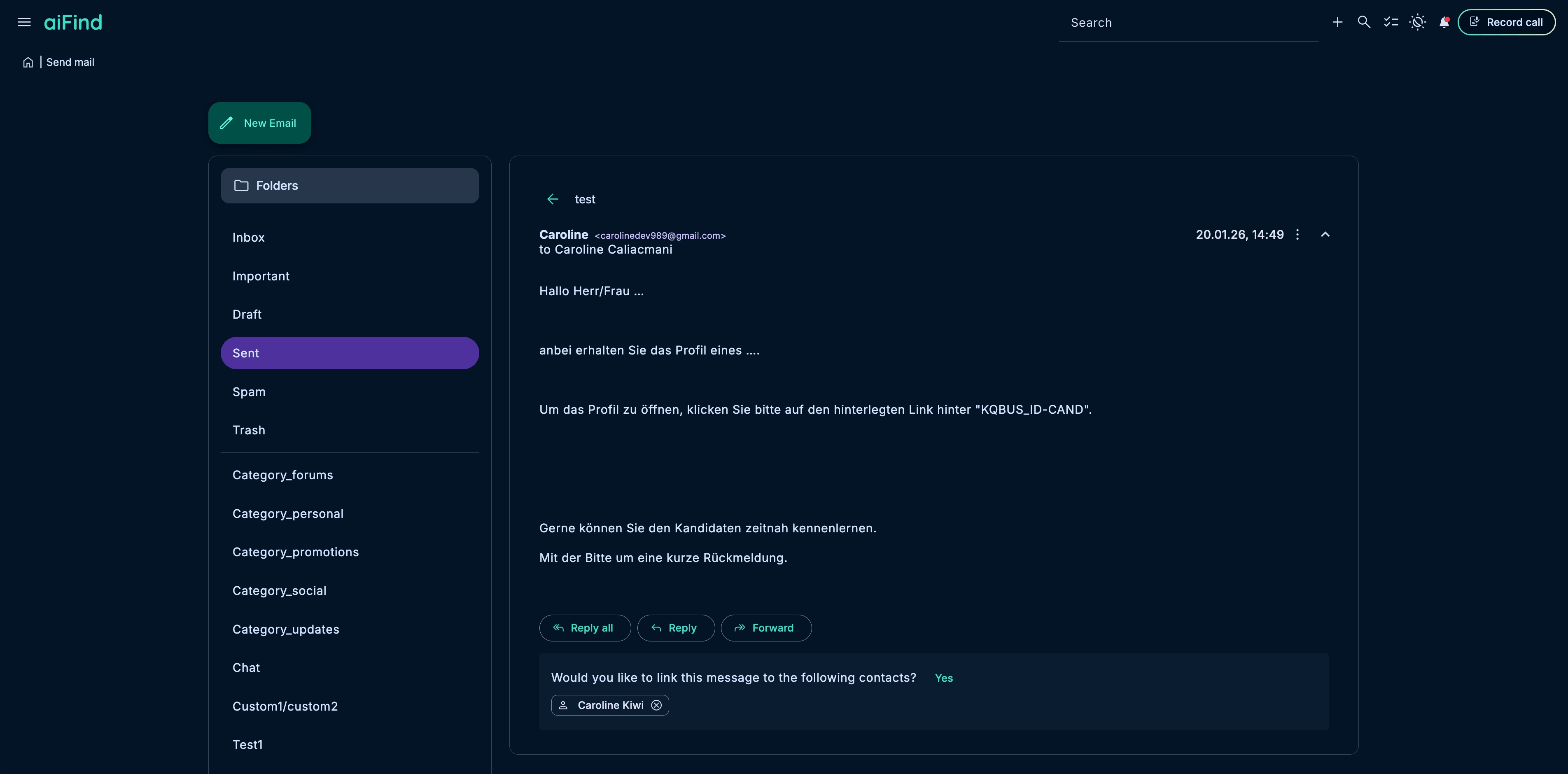 aiFind integrierte Inbox mit Ordnern, Thread und Antwortaktionen